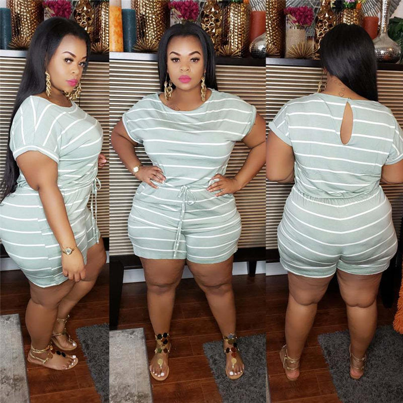 XL-5XL Women Plus Size Casual Stripe Print Rompers