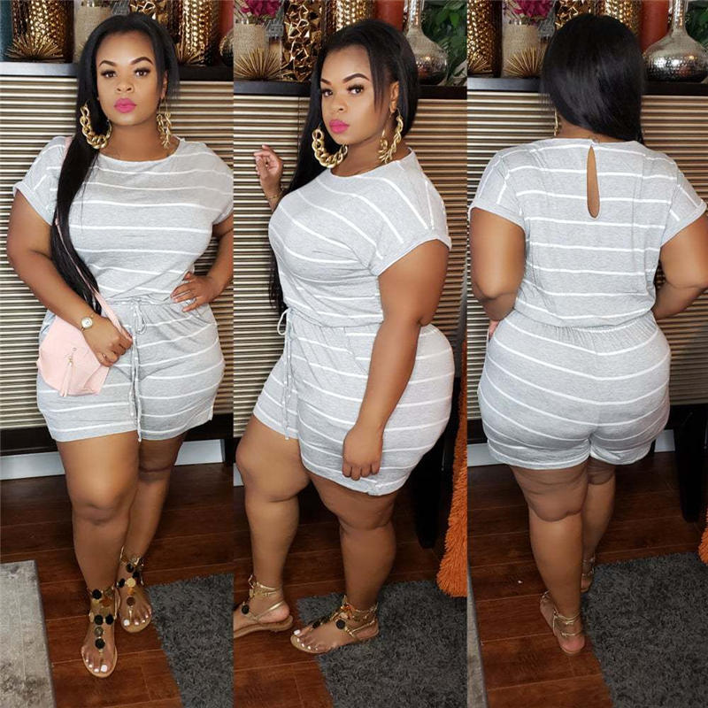 XL-5XL Women Plus Size Casual Stripe Print Rompers