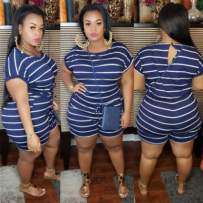 XL-5XL Women Plus Size Casual Stripe Print Rompers