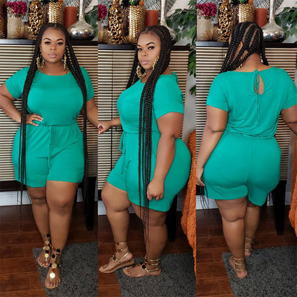 S-5XL Women Plus Size Casual Drawstring Waist Solid Color Rompers