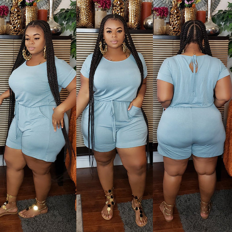 S-5XL Women Plus Size Casual Drawstring Waist Solid Color Rompers