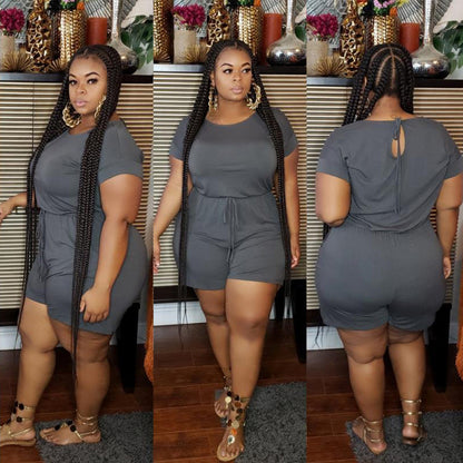 S-5XL Women Plus Size Casual Drawstring Waist Solid Color Rompers