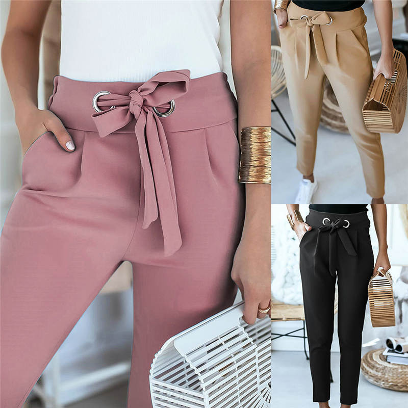 S-XL Woman High Waist Lace-Up Casual Pants