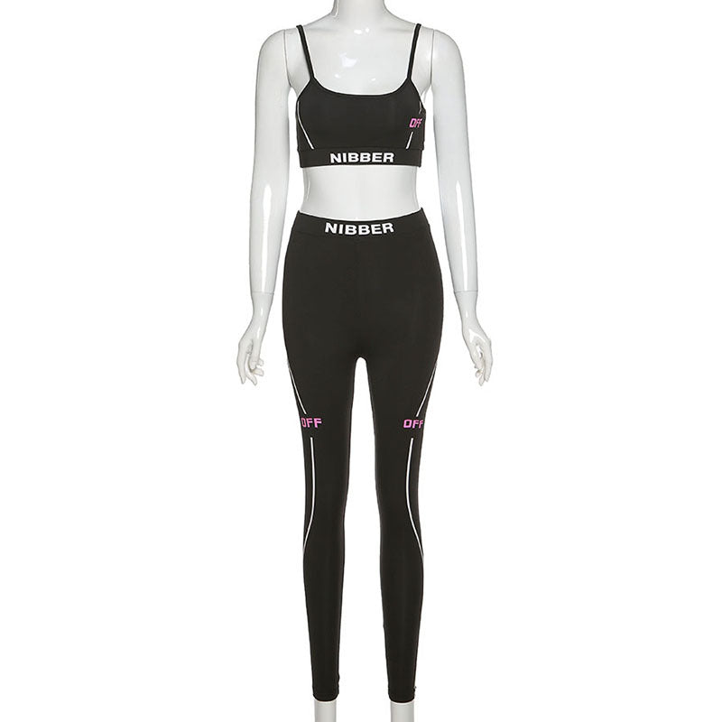 SL Conjunto de dos piezas de camiseta sin mangas deportiva informal para mujer con leggings a rayas