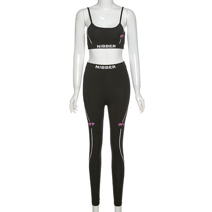 SL Conjunto de dos piezas de camiseta sin mangas deportiva informal para mujer con leggings a rayas
