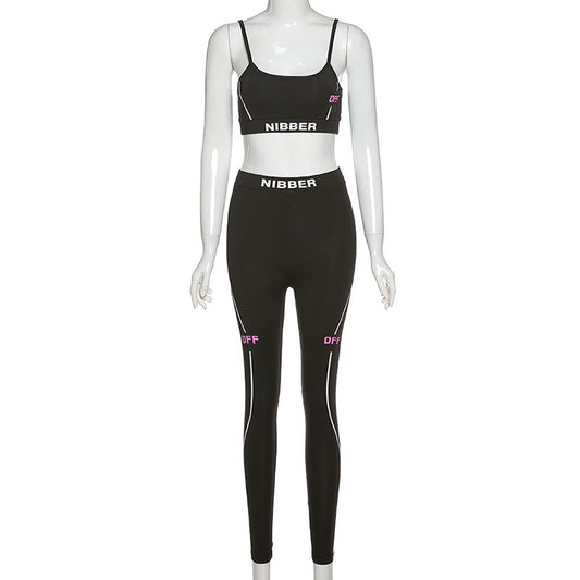 S-L Women Fitness Casual Sleeveless Tank Top Striped Leggings Two Piece Set