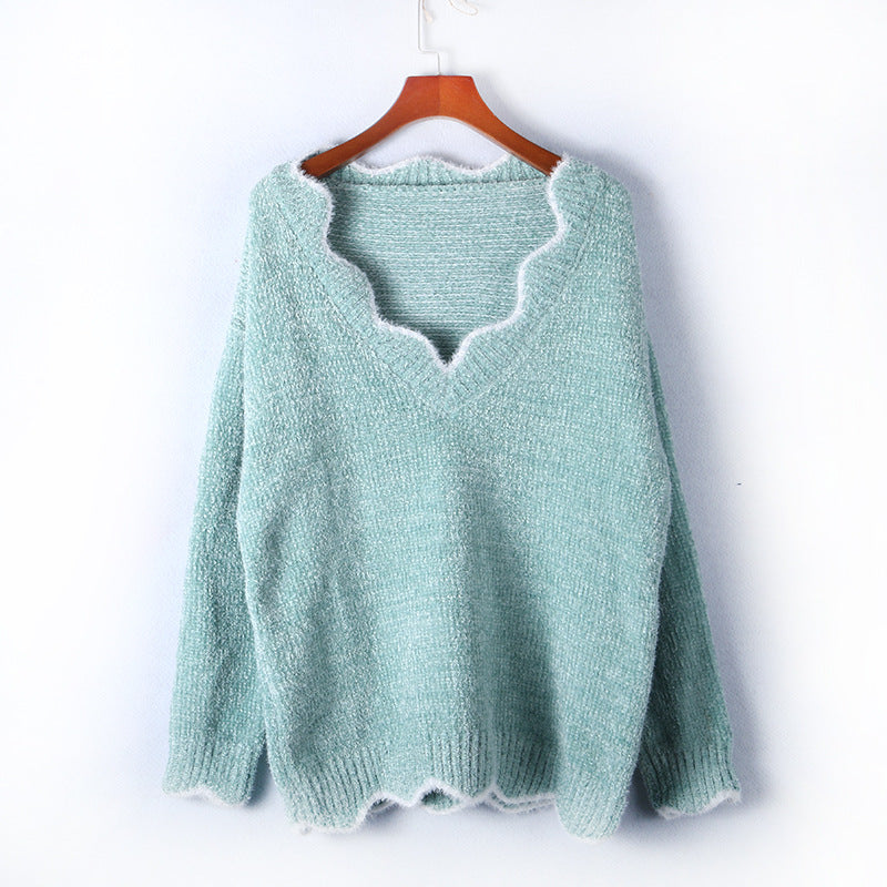 S-5XL Woman Wavy Neck Casual Pullover Loose Knitwear