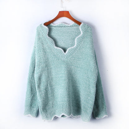 S-5XL Woman Wavy Neck Casual Pullover Loose Knitwear