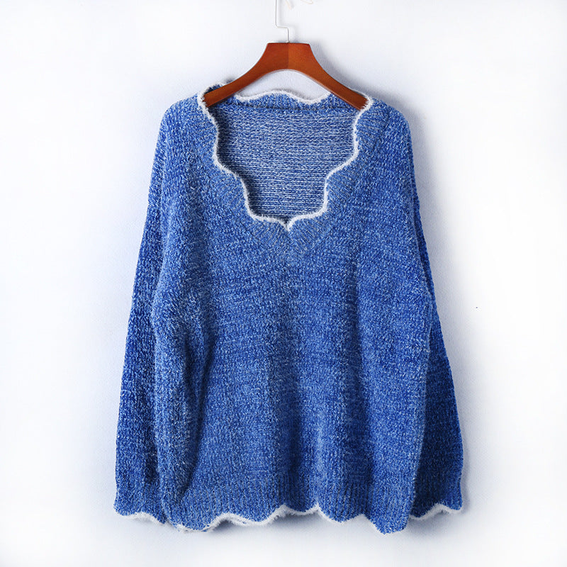 S-5XL Woman Wavy Neck Casual Pullover Loose Knitwear