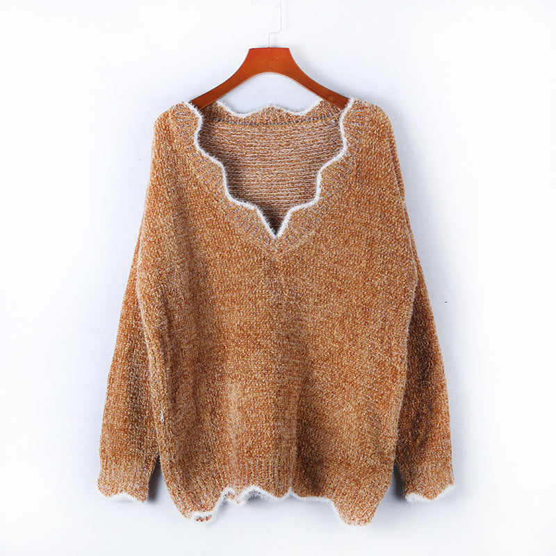 S-5XL Woman Wavy Neck Casual Pullover Loose Knitwear