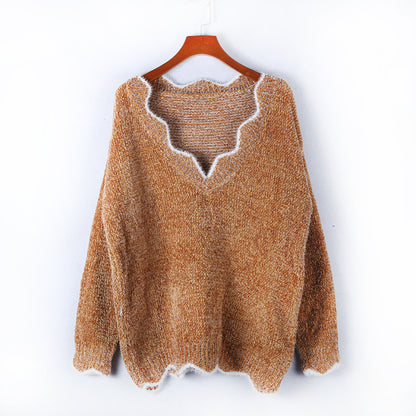 S-5XL Woman Wavy Neck Casual Pullover Loose Knitwear