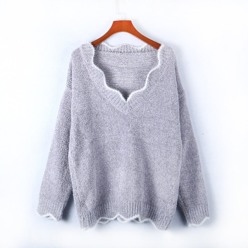 S-5XL Woman Wavy Neck Casual Pullover Loose Knitwear