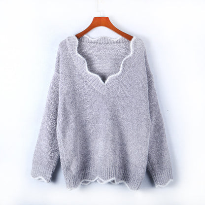 S-5XL Woman Wavy Neck Casual Pullover Loose Knitwear