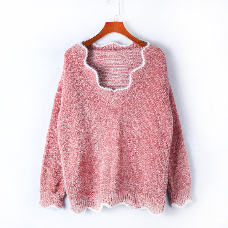 S-5XL Woman Wavy Neck Casual Pullover Loose Knitwear