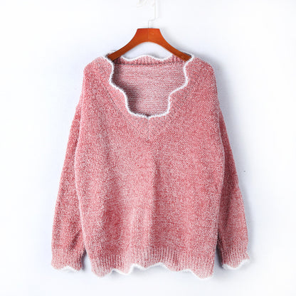 S-5XL Woman Wavy Neck Casual Pullover Loose Knitwear