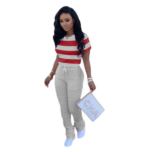Conjunto de dos piezas de camiseta y pantalón con estampado de rayas informales para mujer tallas S-2XL