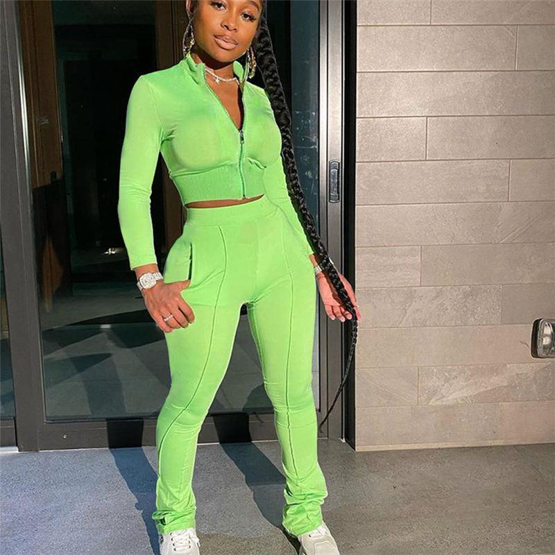 S-2XL Women Casual Solid Color Long Sleeve Top And Pant Sports Two Piece Set
