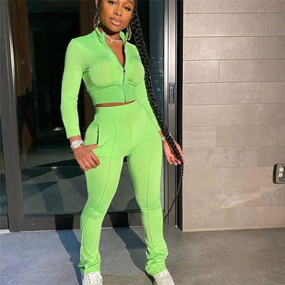 S-2XL Women Casual Solid Color Long Sleeve Top And Pant Sports Two Piece Set