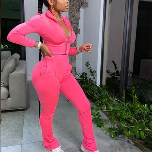 Conjunto deportivo de dos piezas para mujer, informal, de color liso, con top y pantalón de manga larga, tallas S-2XL