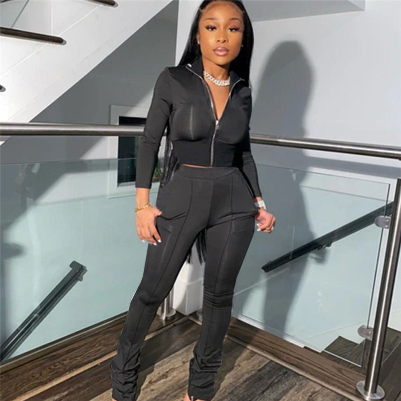 S-2XL Women Casual Solid Color Long Sleeve Top And Pant Sports Two Piece Set