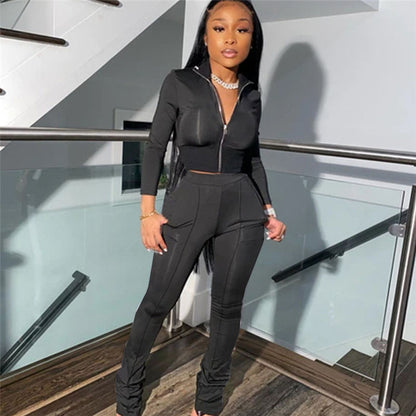 S-2XL Women Casual Solid Color Long Sleeve Top And Pant Sports Two Piece Set
