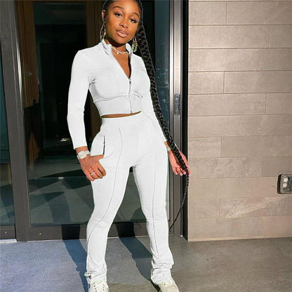 S-2XL Women Casual Solid Color Long Sleeve Top And Pant Sports Two Piece Set