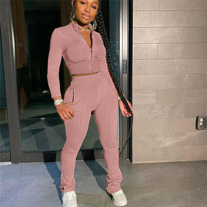 S-2XL Women Casual Solid Color Long Sleeve Top And Pant Sports Two Piece Set