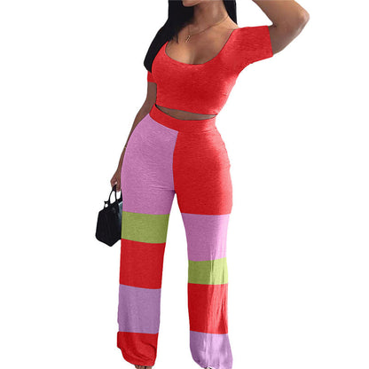 Conjunto de dos piezas de top informal y pantalones de retazos de cintura alta para mujer tallas S-2XL