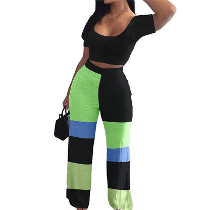 Conjunto de dos piezas de top informal y pantalones de retazos de cintura alta para mujer tallas S-2XL