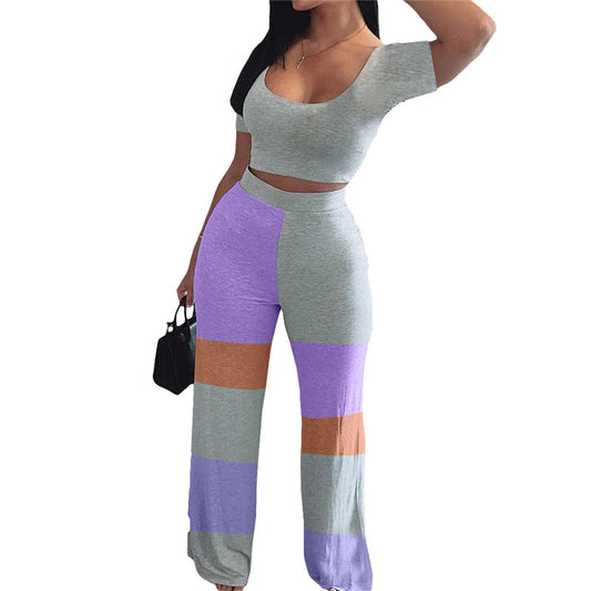 Conjunto de dos piezas de top informal y pantalones de retazos de cintura alta para mujer tallas S-2XL
