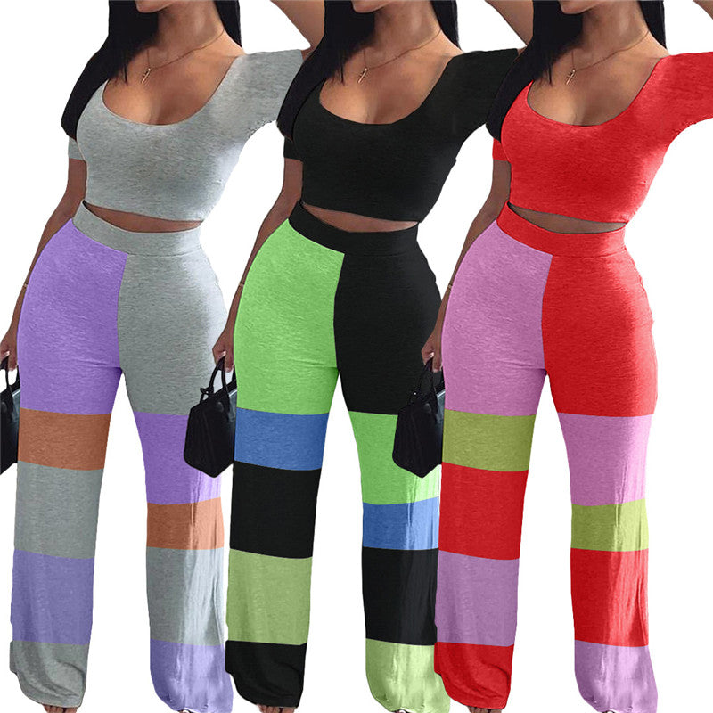 Conjunto de dos piezas de top informal y pantalones de retazos de cintura alta para mujer tallas S-2XL