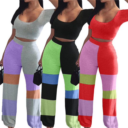 Conjunto de dos piezas de top informal y pantalones de retazos de cintura alta para mujer tallas S-2XL