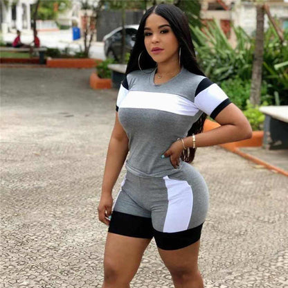 Conjunto de dos piezas de top y pantalones cortos de manga corta con cuello redondo informal en contraste para mujer, tallas S-3XL