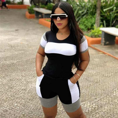 Conjunto de dos piezas de top y pantalones cortos de manga corta con cuello redondo informal en contraste para mujer, tallas S-3XL