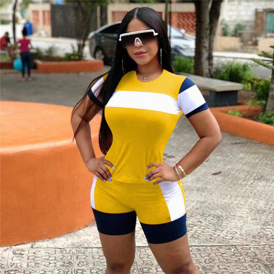 Conjunto de dos piezas de top y pantalones cortos de manga corta con cuello redondo informal en contraste para mujer, tallas S-3XL