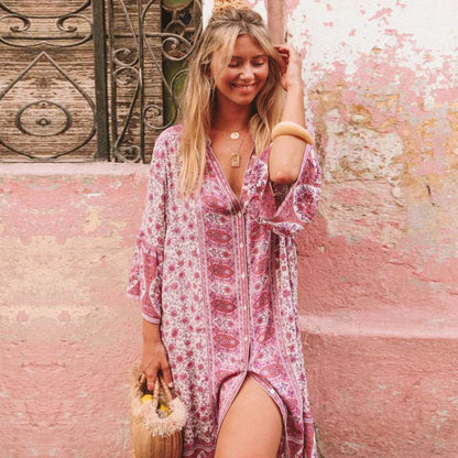 S-XL Women Casual Long Sleeve Bohemia Beach Dress