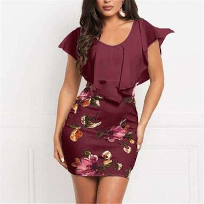 S-4XL Women Casual Flower Printing Ruffled Casual Dress