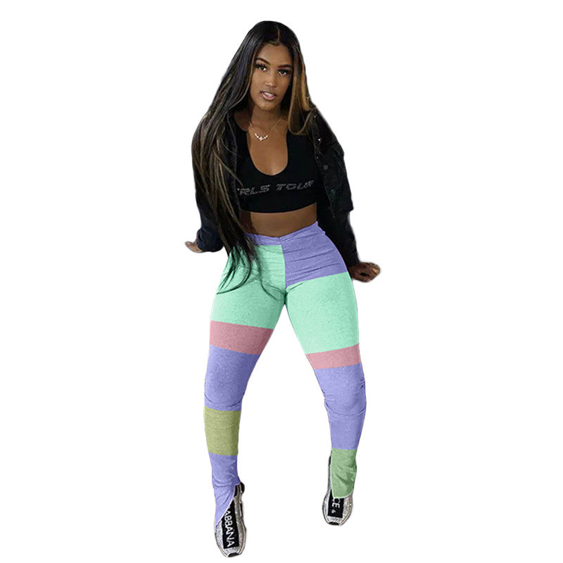 S-XXL Women Casual Contrast Color Patchwork Side Slit Pants