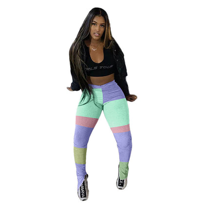 S-XXL Women Casual Contrast Color Patchwork Side Slit Pants