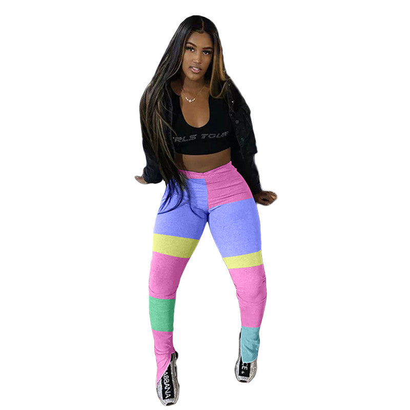 S-XXL Women Casual Contrast Color Patchwork Side Slit Pants