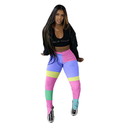 S-XXL Women Casual Contrast Color Patchwork Side Slit Pants