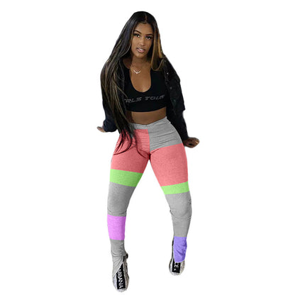 S-XXL Women Casual Contrast Color Patchwork Side Slit Pants
