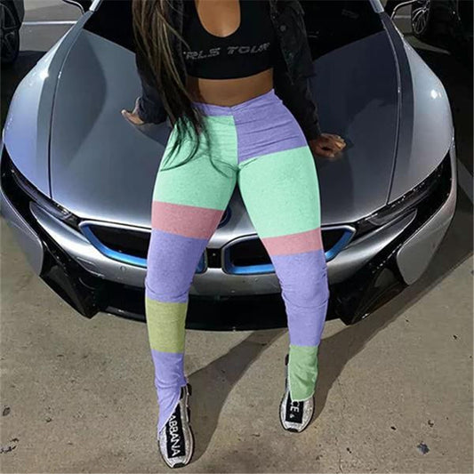 Pantalones casuales con abertura lateral y parches de colores contrastantes para mujer tallas S-XXL