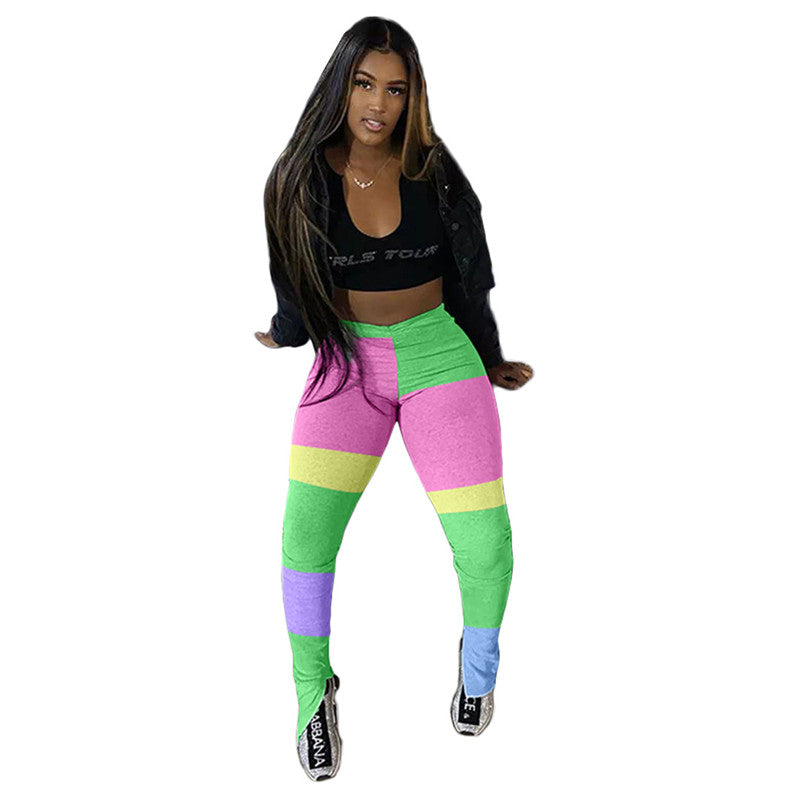 S-XXL Women Casual Contrast Color Patchwork Side Slit Pants