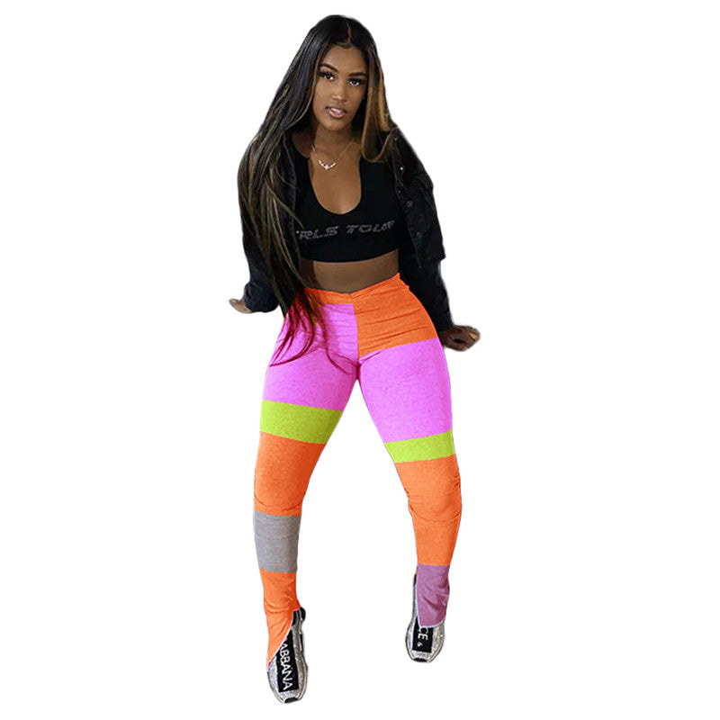 S-XXL Women Casual Contrast Color Patchwork Side Slit Pants
