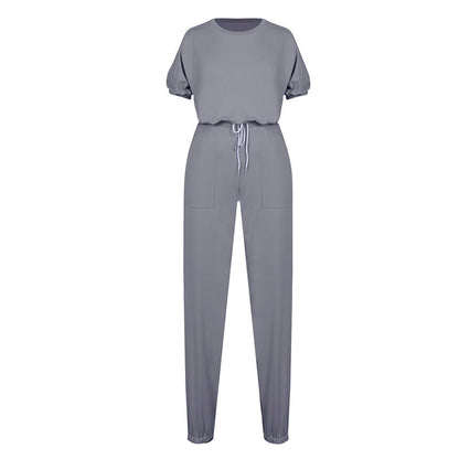 S-XL Women Casual Solid Color Short Sleeve Top And Drawstring Waist Pants Two Piece Set