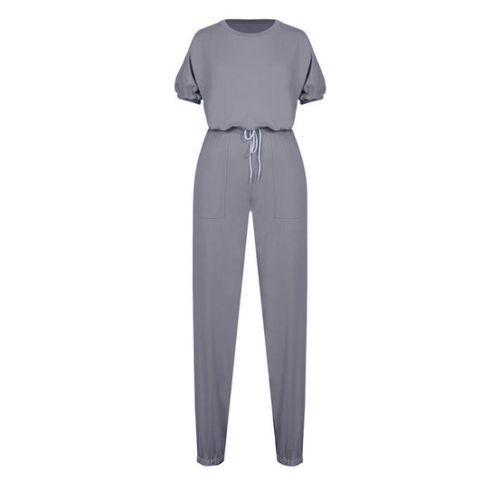 S-XL Women Casual Solid Color Short Sleeve Top And Drawstring Waist Pants Two Piece Set