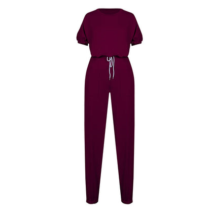 S-XL Women Casual Solid Color Short Sleeve Top And Drawstring Waist Pants Two Piece Set