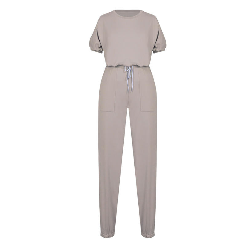 S-XL Women Casual Solid Color Short Sleeve Top And Drawstring Waist Pants Two Piece Set