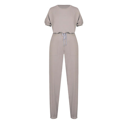 S-XL Women Casual Solid Color Short Sleeve Top And Drawstring Waist Pants Two Piece Set